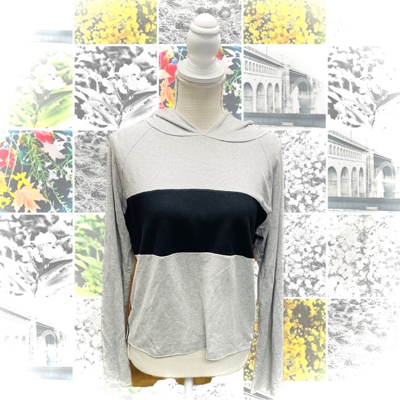 A FINE LINE | S | Crop Raw Hem Hoodie Pullover Bell Striped Colorblock Trim Top - Picture 1 of 16